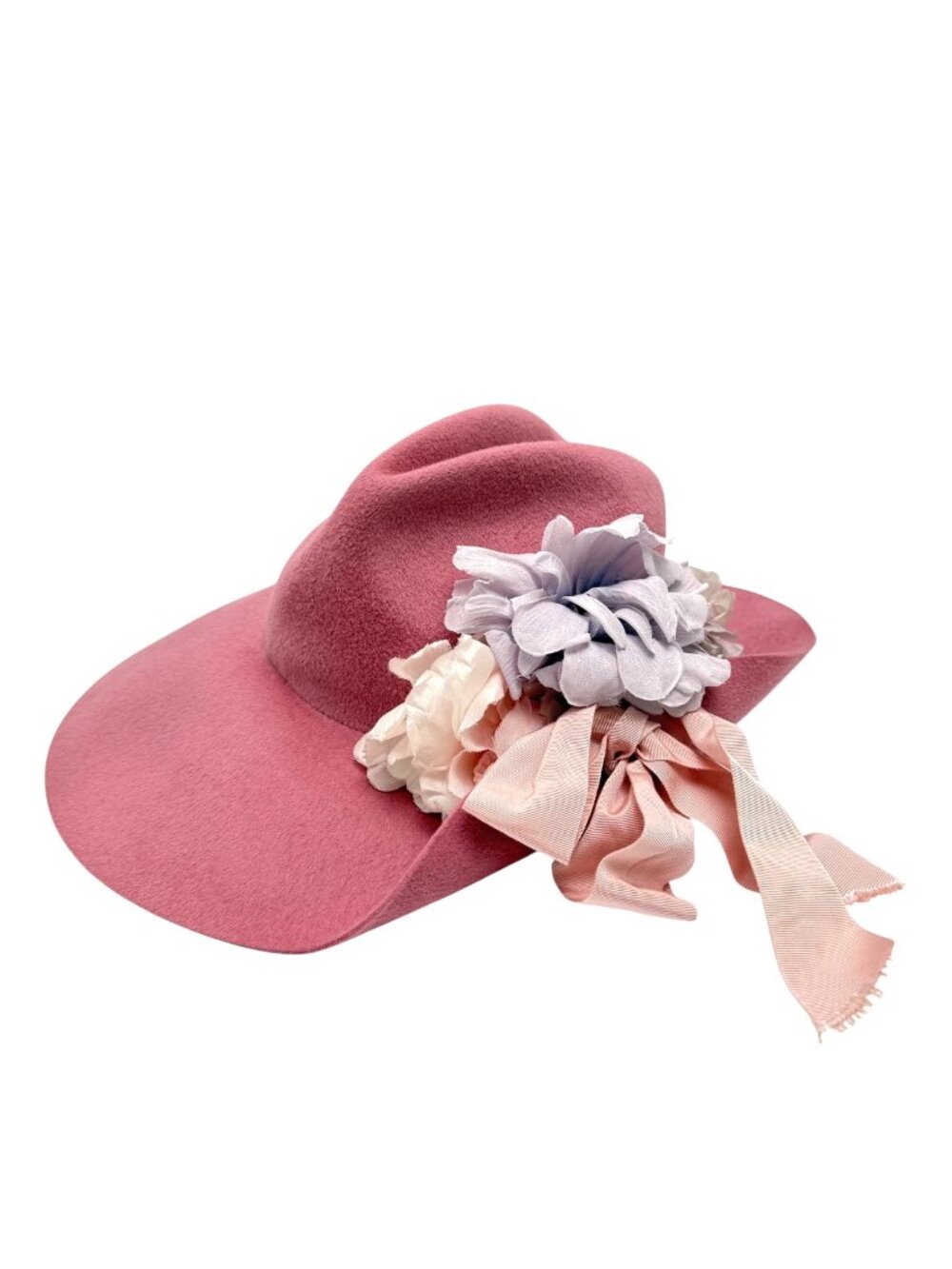 GUCCI Pink Felt Wide Brim Hat With Silk Floral Trim SZ S